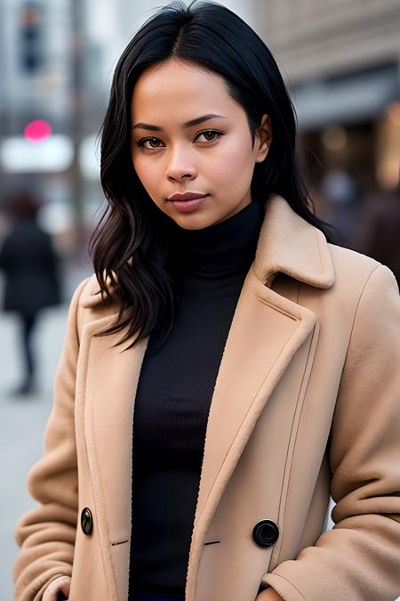 photo of (fr4nki34d4ms:0.99), a woman with black hair, RAW, close portrait photo, long brown coat, turtleneck, long haircut, slim body, (high detailed skin:1.2), 8k uhd, dslr, soft lighting, high quality, film grain, Fujifilm XT3 sharp focus, f 5.6