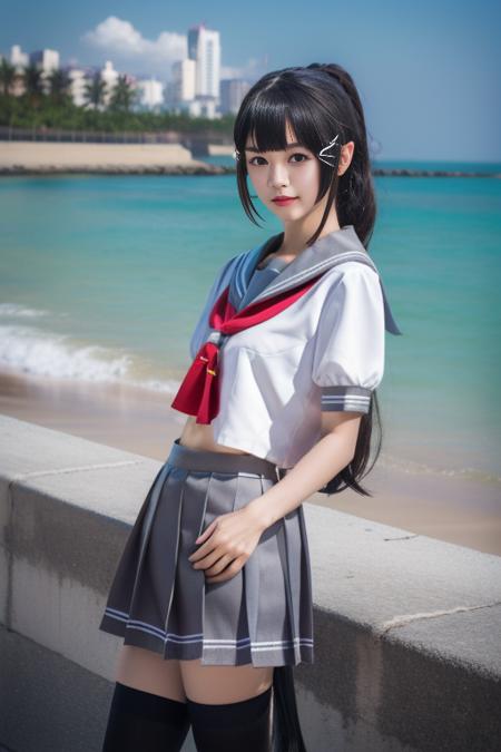 ltra-detailed,highly detailed,best quality,masterpiece,illustration,realistic,photorealistic,
llas, cosplay, 1girl, solo,
school uniform, serafuku, sailor collar, short sleeves, red neckerchief, tie clip, pleated skirt,thighhighs, 
long hair, bangs,hair ornament, ponytail, 
looking at viewer, hands on hips, head tilt, cowboy shot,
photo background, beach,sea,waves, skyline, 
 <lora:llas_v1_05:1.0>