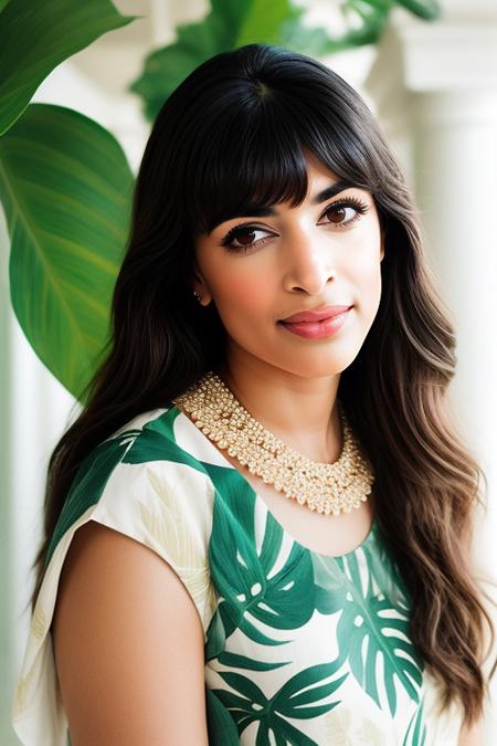 a photoshoot of HannahSimone, a beautiful woman, wearing green dress with a stylized tropical leaf pattern, posing in a classical white building in the bahamas, pillars, paintings, ivory jewelry, closeup, portrait