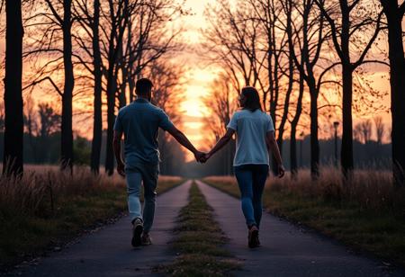 detailxl Photograph Taken on Nikon D750, Alphonse Mucha, 8K, athletic figure, Hyperdetailed, hyperrealism, Attractive,
A heartfelt, intimate photo of two people walking hand in hand down a quiet path during the golden hour, just before sunset. The sky is painted with soft pink, orange, and purple hues, casting a warm glow on the scene. The path is surrounded by tall trees with leaves slightly blowing in the breeze, giving a sense of calm and peacefulness. One person is gently leading the other, their hands tightly clasped, symbolizing support and trust. The atmosphere feels serene and reflective, with long shadows stretching out behind them. The photo’s focus is on the connection between the two, emphasizing the feeling of guidance, comfort, and companionship through life’s journey.