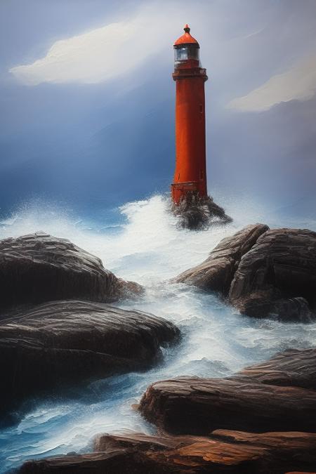 Oil painting , lighthouse , storm , sea , rocks , lighthouse full length painting , waves hitting the rocks, sky