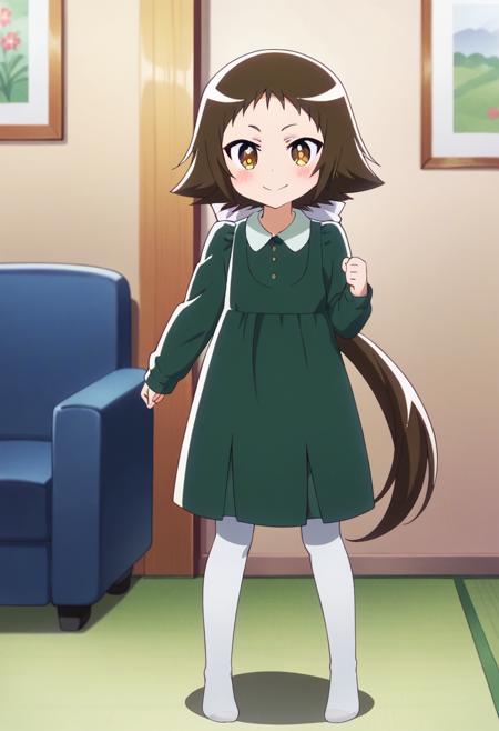 mashiro, long hair, brown hair, very long hair, ponytail,   long sleeves, dress, pantyhose, white pantyhose, green dress, skirt, long sleeves, sleeves past hands, ribbon, school uniform, yellow eyes, ponytail, pleated skirt, shoes, brown shoes,