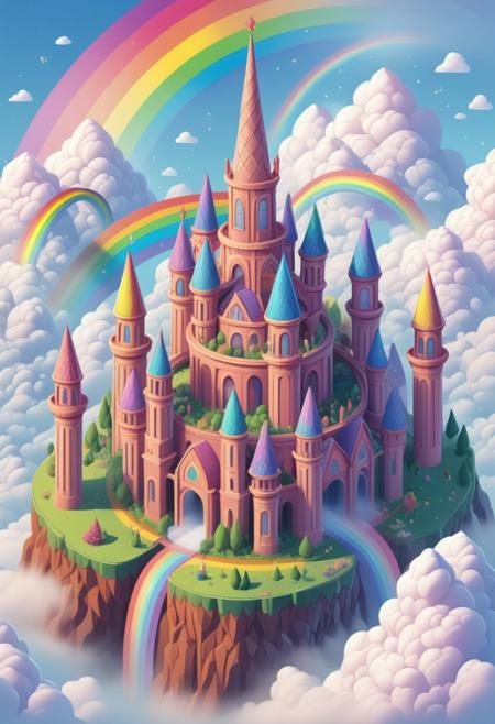 lazympos, RainbowUnicornStyle, megastructure, above clouds, isometric, rainbow, towers, spires