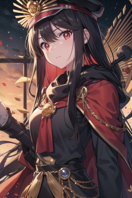 odanobunaga, <lora:odanobunaga-lora-nochekaiser:1>, 
oda nobunaga, black hair, long hair, (red eyes:1.5),
BREAK chain, cloak, family crest, gloves, grey gloves, hat, military, military hat, military uniform, peaked cap, uniform, red cloak,
BREAK looking at viewer,
BREAK outdoors,
BREAK <lyco:GoodHands-beta2:1>, (masterpiece:1.2), best quality, high resolution, unity 8k wallpaper, (illustration:0.8), (beautiful detailed eyes:1.6), extremely detailed face, perfect lighting, extremely detailed CG, (perfect hands, perfect anatomy),