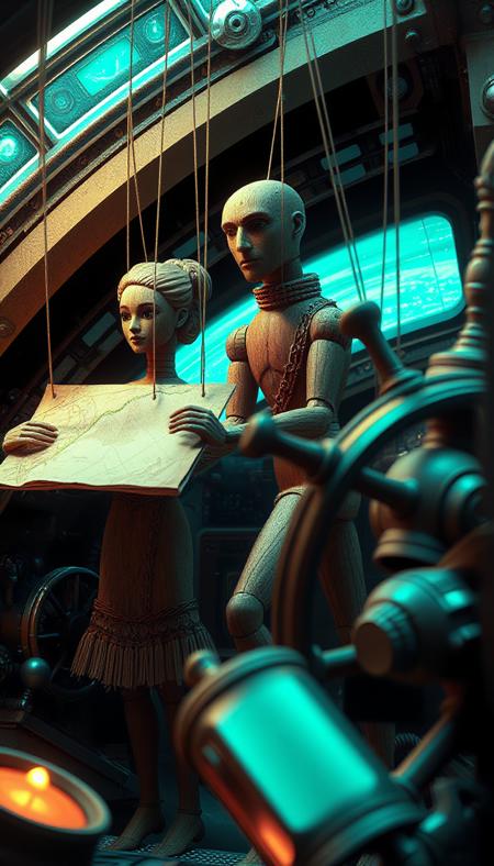 masterpiece of photography, dyanimic framing, an incredible image,The crew of a space vessel finds themselves in an unusual predicament - their bodies have been replaced by intricately carved wooden marionette figures. The captain, a tall and imposing figure with exaggerated features, stands at the helm of the ship, his strings manipulated from above to guide the craft through the cosmos.  To his left, the navigator clutches a worn map made from ancient parchment, her eyes fixed on the glowing stars as she plots their course. Her wooden form is adorned with delicate carvings that mimic the intricate patterns found in nature - spirals and whorls reminiscent of pine cones and acorns.  The engineer's,