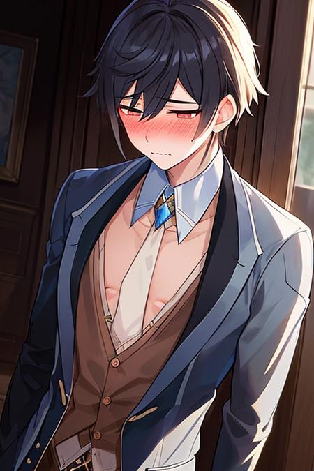 <lora:zhongli2:0.75>,(masterpiece), (best quality), (super delicate), (illustration), (extremely delicate and beautiful), (dynamic angle), white and blue highlights,1boy,blush, jitome, embarrassed, muscle, flat chest, one breast out, bandaids on nipples, unbuttoned shirt, clothes pull, necktie, suit jacket, buttons, lowleg pants,upper body,