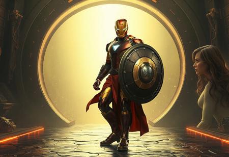 "Create a photorealistic, detailed image of Daredevil Iron Man standing on an anomalous SCP Illusion Gate, following the golden ratio. He should have a realistically proportioned body, wearing gilded red robes, and carrying a metallic Thunderstrike shield. The setting should suggest a daring and driven attitude. The image should be rendered in 8K with a medium shot and an athletic pose, suitable for a Pexels contest. Consider adding a female character in the background, with long wavy hair and heavy eyes to the side."