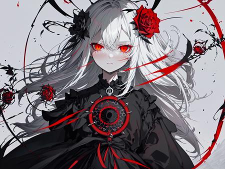 (best quality, masterpiece), (1girl, solo, black dress, standing , looking at viewer, white hair, red eyes, holding rose, closed mouth, upper body), (red dreamcatcher behind, red flower, )