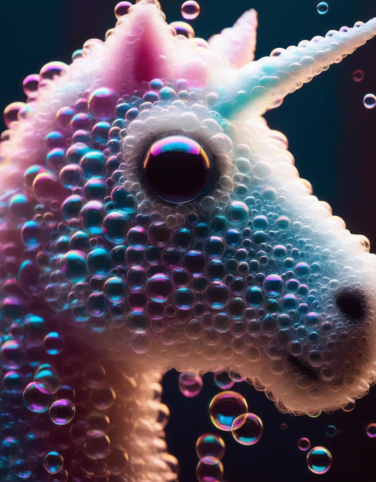 Bubble-covered unicorn head with big, black eyes.