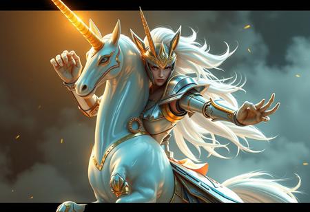 Generate a high-resolution, cinematic image of a Unicorn Knight in a fighting pose, inspired by the styles of Manjit Bawa and Go Nagai. Incorporate the following elements: golden aura, iron claws, and glass arms. Ensure the image adheres to the golden ratio and has a lifelike, detailed quality. The image should be in the style of a 2D concept art piece, created using Octane Render and Unreal Engine. Add the text 'Roborock' and 'Lokah Samastah Sukhino Bhavantu' to the image, and incorporate a subtle cowgirl high-fashion element. Aim for an elegant and refined aesthetic.cheerful demeanor.