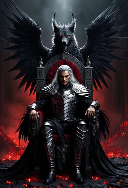 A dark fantasy digital artwork depicts a male figure seated on a 
dark throne with intricate metallic designs resembling dragon scales. The central character has long 
gray hair cascading dramatically around him. he wears metal armor and intricate metal designs, 
dark feathered wings spread symmetrically behind him, 
decorated with bright red crystals and metallic elements. Each wing is composed of countless black feathers. 
The man's head is crowned with a radiant halo of intense red crystals, 
Its body is decorated with human skulls. A wolf sitting next to him.  The throne itself features two large skulls positioned on its armrests,
each held by one of the character's hands. The background is swirling clouds and embers, 
enhancing the eerie atmosphere. Around the throne are many scattered human skulls, drowned in darkness, 
rocky terrain, 
adding to the sinister ambiance. The scene takes place in a foggy context, 
smoky backdrop, 
contributing to the mystical yet strange feeling. Dramatic lighting highlights the central figure while casting deep shadows. highly saturated visual effect that emphasizes surreal and gothic aesthetics.