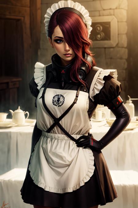 Highly detailed, High Quality, Masterpiece, beautiful, Mistral, <lora:Char_MGR_Mistral:0.8>, 1girl, solo, hair over one eye, maid, maid headdress, maid apron