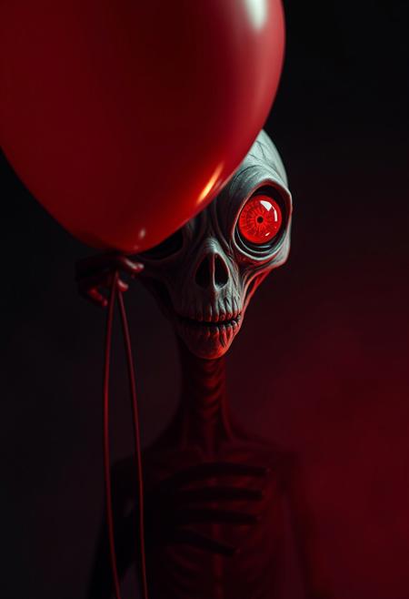 ((creepy, dark humanoid figure, red balloon, scary, eerie, stunning fantasy photo, big red eyes), H.R.Giger, Tim Burton, Zdzislaw Beksinski, (horror, dark fantasy, eerie lighting, dramatic shadows), Hasselblad X1D II, 50mm lens, low-key lighting), masterpiece, best quality, Bokeh, HDR, UHD, 64K