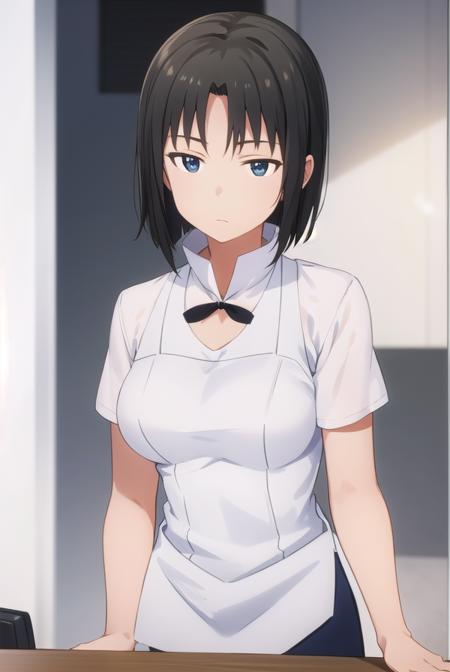 kyouko shirafuji, short hair, black hair, (black eyes:1.5), apron, waitress,