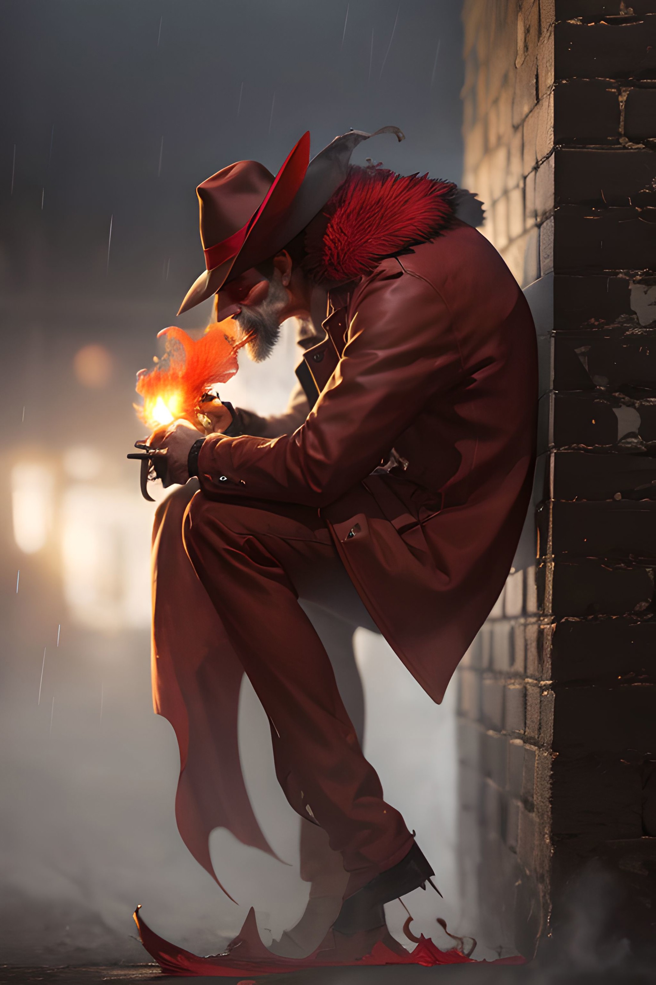 [monster:Noir detective:0.5], leaning on a brick wall, rain, grizzled, fedora, trenchcoat, side view, smoking a cigar, hol...