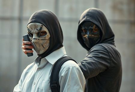 Masked characters: white shirt, phone gaze; gray shirt, black mask behind. Blurred background. 4K, exceptional detail, lifelike, handcrafted. Matte painting, creative angle, balanced composition, dynamic action. Grammer ink splash, Octane render, Unreal Engine 5, Raphael & Houdini styles. Vivid emotions, powerful message, detailed eyes, CGSociety, trending Artstation, golden ratio, hyperdetailed, dynamic lighting, chromatic aberration, ray tracing, 8k