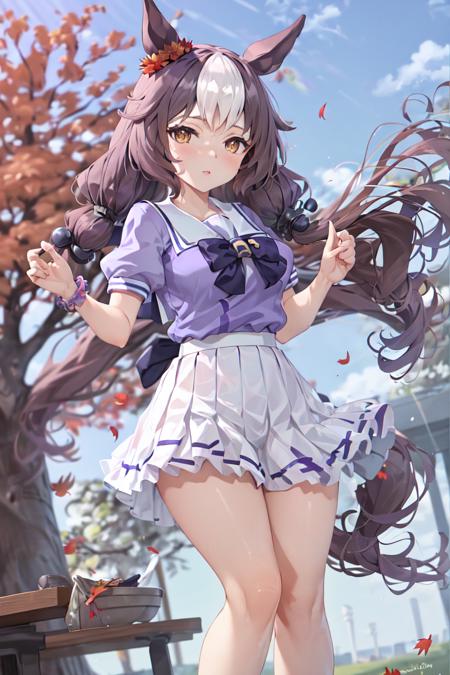 masterpiece, best quality,
yamanin zephyr \(umamusume\),
autumn leaves, wind,
tracen school uniform, summer uniform, serafuku, puffy short sleeves, purple bowtie, horseshoe ornament, sailor collar, sailor shirt, purple shirt, white skirt, pleated skirt, frilled skirt,  
<lora:yamanin_zephyr_loha:0.7>