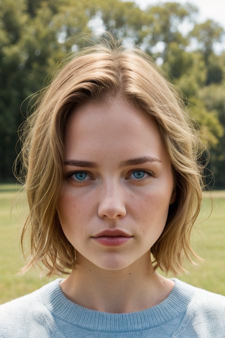 Portrait photo of a woman br1ttsc, with detailed light blue eyes, (blonde hair:1.3)
BREAK, wearing a sweater, posing for a picture
BREAK with a field in the background, moody light, (masterpiece), (detailed face:1.2), (detailed light blue eyes:1.1)