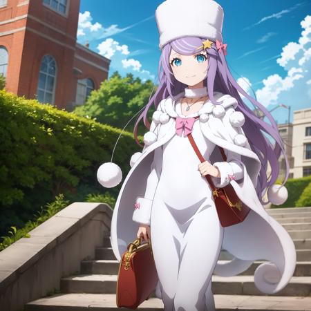 masterpiece,best quality,anime,(2d:1.2),
<lora:Anastasia:1>,
1girl, long hair, solo, pink bow, purple hair, hat, jewelry, smile, star hair ornament, white dress, looking at viewer, white cape, necklace, long sleeves, fur trim, long dress, choker, standing, stairs, blue eyes,closed mouth, bangs, very long hair, handbag, floating hair, outdoors,