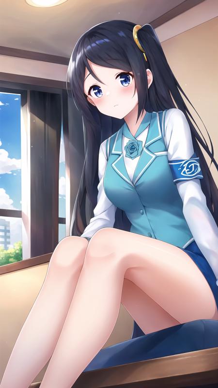 xiao_qiong, 1girl, solo, long hair, blush, blue eyes, skirt, shirt, black hair, hair ornament, long sleeves, white shirt, frills, necktie, rose, blue rose, shoes, collared shirt, miniskirt, vest, blue skirt, one side up, armband, pencil skirt, blue footwear, blue vest