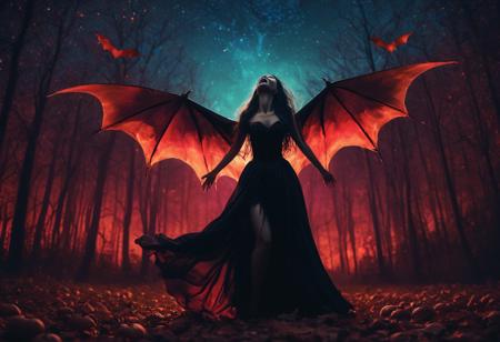 masterpiece, high quality, abstract, angelic woman, wings, screaming, vampire lady, elegant vampire clothes, centered, side view, black silhouette of a girl, (long flowy hair), flowy skirt, red bloody forest background, ((dynamic pose)), night time, dark theme, starry sky, glowing hair, cinematic, vivid colors, ((saturated neon colors)), perfect hands, anzhcdreamwave, aesthetic, Perfect Hands, aurora borealis, ((glowing halloween pumpkins)), ((bats))