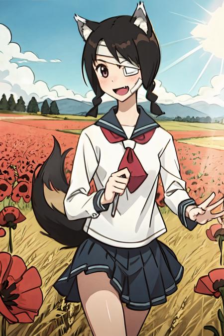 (masterpiece),(best quality), <lora:KobushiAbiru:0.7>, 1girl, Abiru, school uniform, skirt, bandage over one eye, bandages, twin braids,  happy,  wheat field, poppy,  running, beautiful sunlight,  <lora:Spicytail_Holo:0.6>, Spice and wolf, wolf_ears, wolf_girl, (wolf_tail),animal_ears, blush, fang