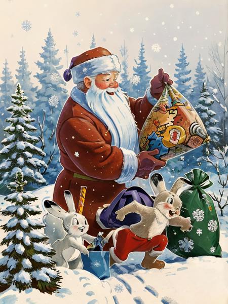 santa claus with big bag of gifts, winter hat, one hare, snow,  sunshine, day, snowfall, snowflakes, forest, paint by zarubin, <lora:zarubin:0.8>