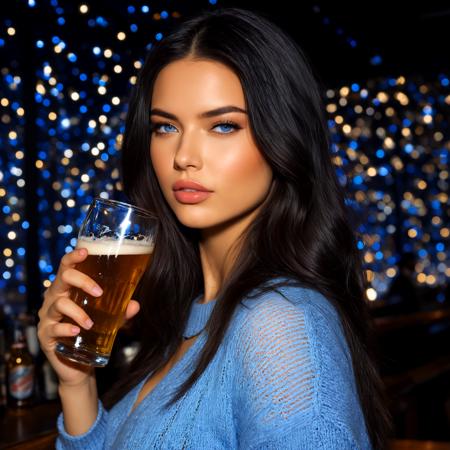 score_9, score_8_up, score_7_up, dynamic angle, beautiful lighting, sharp focus, 8k, high res, Masterpiece, Nikon Z9, beautiful lady, realistic, kms_AdrianaL, 1girl, nose, plump lips, thick lips, eyelashes, makeup, blue eyes, long hair, black hair, forehead, in luxurious nightclub, sitting at the bar, (holding a beer), wearing a sweater and jeans, bokeh, hyperdetailed photography, soft light, <lora:XL\KMS_Adriana_Lima_XL-000015:0.5>