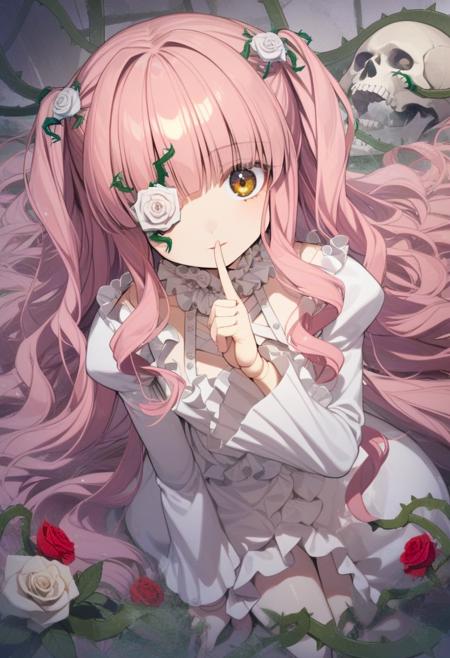 1girl, kirakishou, long hair, thorns, flower, solo, white rose, dress, pink hair, vines, very long hair, skull, white dress, doll joints, flower over eye, hair ornament, red flower, hair flower, red rose, finger to mouth, brown eyes, looking at viewer, bangs, plant, frills, high quality, late, <lora:char - kirakishou - v1 - bionagato:1>