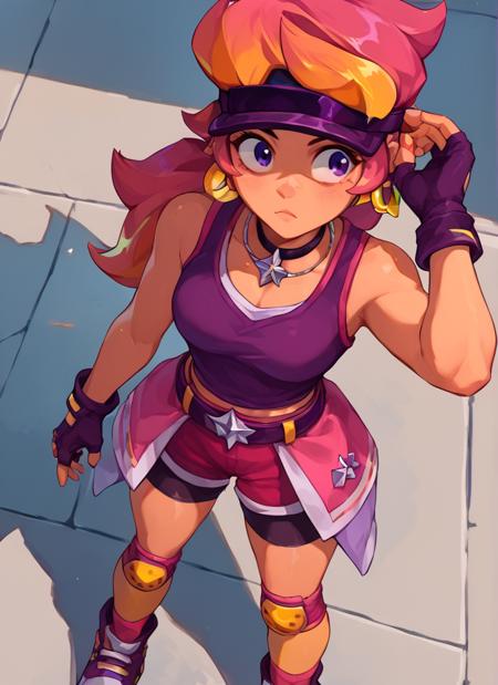 boamber   ,1 girl  , multicolored hair, long hair  ,purple tank top,  belt, yellow knee pads, shorts ,  skirt, shorts under skirt, visor cap,   pink headwear,  fingerless gloves,white Arm band,