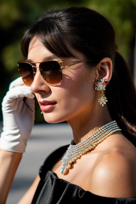 Realistic photo of a beautiful 4udr3yh-v2 woman, 1girl, solo, brown hair, gloves, dress, jewelry, earrings, black gloves, elbow gloves, necklace, black dress, from side, sunglasses, soft lighting, professional Photography, Photorealistic, detailed, RAW, analog, sharp focus, 8k, HD, DSLR, high quality, Fujifilm XT3, film grain, award winning, masterpiece<lora:4udr3yh-v2:1.0>