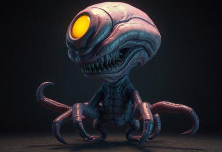 "8K UE5/Octane render of a grotesque humanoid monster: oversized pink head with glowing yellow iris, tiny body, starfish-like pose. Advanced Dark backdrop highlights nanite-geometry textures (veiny skin, clawed limbs). Cinematic lighting (warm key/cool rim) accentuates cartoon-horror contrast. Post-processed with Kodak grain, chromatic aberration, and Grammer Effect color grading. Tags: #CharacterDesign #DarkFantasy #ConceptArt."