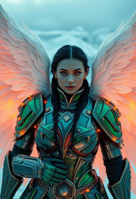 37 yr old hungarian woman in ceramic extremely reflective and green christmas power armor, , majestic white feathered angel wings, solo, shoulder armor, glowing golden eyes, , pauldrons,  long black braided hair, looking at viewer, christmas , flying over antarctica