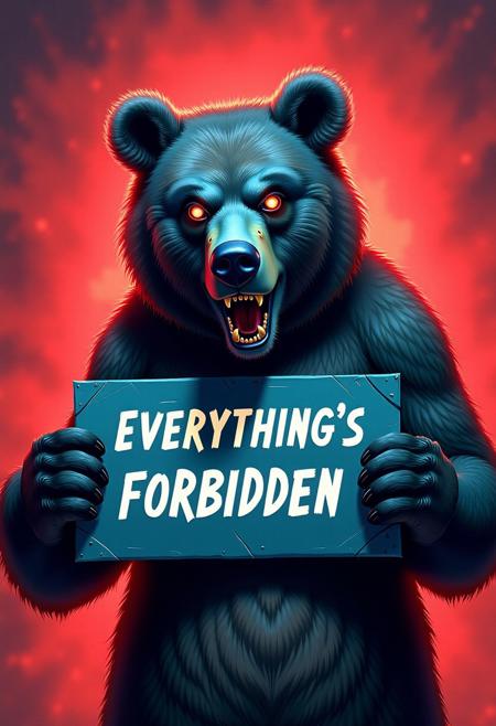 A haggard unkempt anthro grizzly bear is holding a sign saying "EVERYTHING'S FORBIDDEN". Dramatic but simple composition, exaggerated shocked expression, stylized neon splash graphic novel look, low frequency patterned background, end of the world!