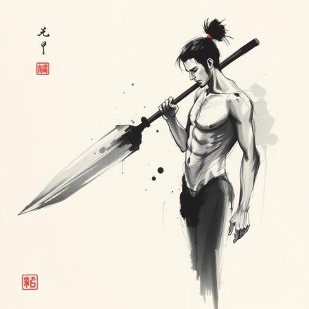 墨汚粗筆古紙 ink stains - rough brush - aged paper. Male nude.