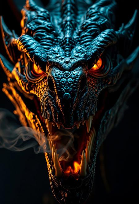 Dark fantasy realism, horror, mesmerizing HDR highly detailed, close-up digital art, angry shimmering reflective iridescent dragon roaring, expressive shining inhuman eyes, sharp teeth, firelight in mouth, smoke rising out of nose, dark, shadows, epic Fantasy, trending on artstation, sharp focus, very stylish, chiaroscuro, highly detailed, high definition, hyperrealistic, UHD, cinematic, no one has seen, stunning, something that even doesn't exist, mythical being, energy, molecular, textures, iridescent and luminescent scales, breathtaking beauty, pure perfection, divine presence, unforgettable, impressive, breathtaking beauty, Volumetric light, auras, rays, vivid colors reflects, studio photo, intricate details, highly detailed, intricate artwork masterpiece, ominous, matte painting, golden ratio, trending on cgsociety, intricate, epic, highly detailed, vibrant, production cinematic character render, ultra high quality model, close up portrait photo film, studio lighting, detailed skin, ultra realistic, bokeh, sharp features, centered, symmetry, painted, intricate, volumetric lighting, beautiful, rich deep colors masterpiece, sharp focus, ultra detailed