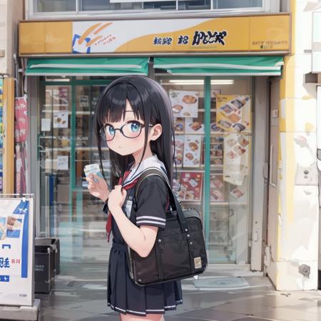 best quality, ultra-detailed, illustration,
1girl, glasses, black hair, long hair, school uniform, school bag, blush, looking at viewer,
kamadoya, storefront, scenery, poster (object), shop, food, tiles, tile floor, outdoors, sign,
<lora:kamadoya_SD15_V1:0.8>