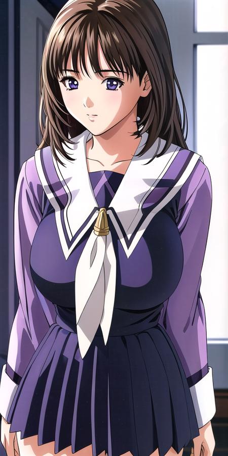 <lora:yoshizuki_ioriV3:0.7> yoshizuki_iori, huge_breasts, standing, solo, School_uniform_Purple_shirt_Blue_skirt_White_neckerchief_Black_thighhighs, masterpiece, best quality, detailed face, detailed eyes, highres,