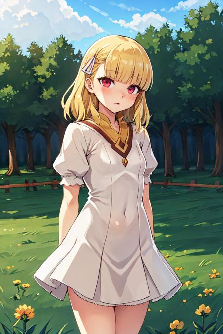 portrait, sharp focus, soft lighting,   illustration, depth of field, outdoors, farm, field, grass, plants, 1girl, rosetta, , standing, arms behind back,  white dress, blonde hair, blush, blunt bangs, bangs, short sleeves, puffy sleeves, puffy short sleeves  <lora:asanagi:0.35>  <lora:rosetta updated 2-000003:0.75>