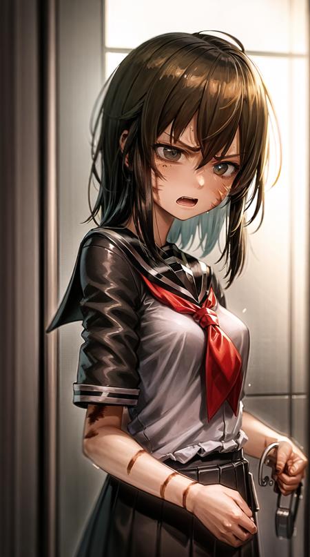 masterpiece, best quality, 1girl, <lora:karahara_shima_v1:.8>, karahara shima, black sailor style school uniform, burn scars, upper body, medium breasts, angry