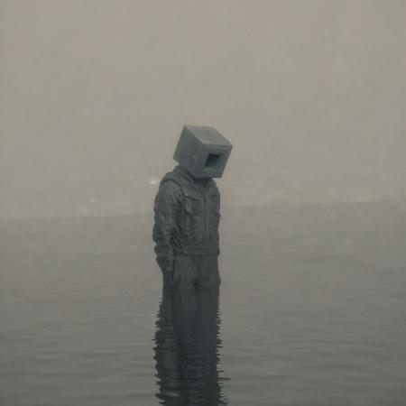 man, water, mist, dark, box head, huleebstyle, helmet, dark, monochrome, (simple:1.2), <lora:HuleebStyle_v1:0.85>