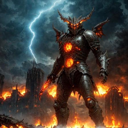 apocalyptic wasteland, colossal dragon, fiery wings, shattered skyscrapers, raging inferno, battle-worn knight, futuristic armor, lightning storm, swirling vortex, otherworldly creatures, glowing runes, ancient ruins, crimson moon, dark magic, ethereal light, chaos, destruction