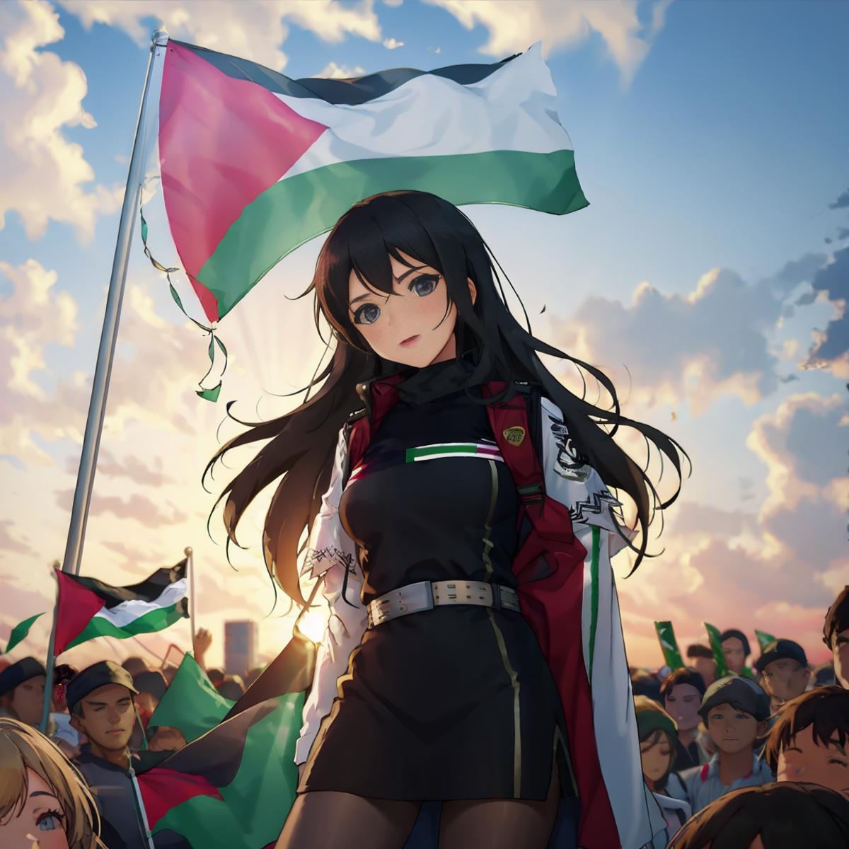 A young woman with a red and black dress stands proudly in front of a crowd holding a green, white, and red flag.
