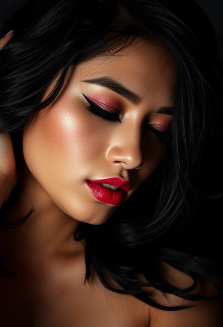 A seductive 25-year-old Vietnamese woman, captured in a moment of intense passion. Her raven hair, styled in loose waves, cascades over her face, obscuring one eye and adding a touch of mystery. The other eye, closed in ecstasy, is framed by a dramatic winged eyeliner and a sultry, smokey eyeshadow. Her lips, slightly parted, reveal a hint of a smile, inviting a kiss. The subtle contouring highlights her cheekbones, adding depth and dimension to her face. Her head is tilted slightly backward, her neck arched in a moment of surrender. The photographer’s expert use of lighting and shadow creates a dramatic, almost cinematic atmosphere, emphasizing her raw sensuality and dangerous allure. Every curve, every breath, is a deliberate invitation to a world of desire.