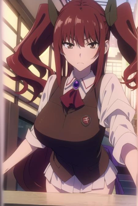 erikakuramoto, <lyco:erikakuramoto-LYCORIStest:1>,
erika kuramoto, twintails, (red hair:1.5), two side up, (brown eyes:1.5), hair between eyes, (large breast:1.2),
BREAK collared shirt, shirt, ascot, red ascot, juliet sleeves, short sleeves, sweater, brown sweater vest,
BREAK looking at viewer,
BREAK indoors, classroom,
BREAK <lora:GoodHands-vanilla:1>, (masterpiece:1.2), best quality, high resolution, unity 8k wallpaper, (illustration:0.8), (beautiful detailed eyes:1.6), extremely detailed face, perfect lighting, extremely detailed CG, (perfect hands, perfect anatomy),