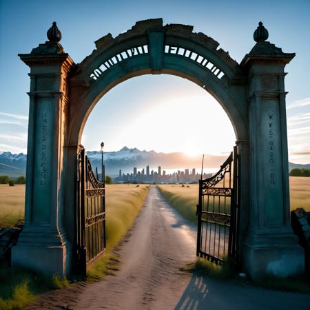 destroyed gate, (epic post apocalyptic destroyes city overgrown ruins), detailed background, red eyes, close-up, amazing fine detail, RAW photo, Nikon D850 film stock photograph Kodak Portra 400 camera f1.6 lens, rich colors, lifelike texture, dramatic lighting, unreal engine, trending on ArtStation, cinestill 800 tungsten, ((new dawn on horizon)), (aurora borealis), ((new dawn text)), high quality photography, 3 point lighting, flash with softbox, 4k, Canon EOS R3, hdr, smooth, sharp focus, high resolution, award winning photo, 80mm, f2.8, bokeh