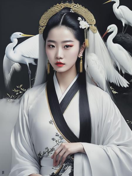 <lyco:ZhangJingna:1.0> an Chinese ink painting style, An ancient Chinese beauty, in the style of zhang jingna, hanfu Chinese style, with long hair stands near some white egrets, freehand brushwork, photo by Tim Walker, high detail, high quality