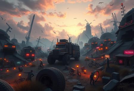 "Ilya Kuvshinov" style.
Visually absurdly cluttered fantasy landscape.
"Monster Truck America".
Lot's of wind and magical lights scattered everywhere.
Dusk.
Long shadows.
By "Simon Stalenhag".
Life-like details.
Cinematic. 
Dramatic. 
Dynamic. 
Extremely refined lines and and shapes.
Extremely refined details on objects.
Sharp details.
Wide range of colors.
Many details everywhere. Ray-Tracing. Anti-Aliasing. Realistic soft shadows. Low saturation colors. Insane quality. Insane resolution. Insane details. Masterpiece. 32k resolution.