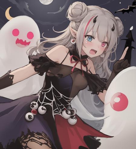 lora:MDRHalloween:1>,solo,1girl,MDRHalloween,bare shoulders,streaked hair,grey hair, pink hair, heterochromia,blue eyes,pink eyes,double bun,eyeball earing,pointy ears,black dress,fishnets,horns,web,wings