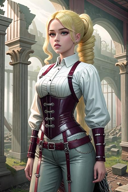 (KimberlyNobodySD15:0.6) medieval RPG character painting blonde hair upsweep updo swashbuckler rogue corset button shirt (leather pants:1.1) (straps buckles:1.2) armor indoors overgrown (ancient ruins:1.2) bright morning light from the side (atmospheric volumetric fog:1.1)
(masterpiece:1.4) (illustration:1.2) (best quality:1.4) (8k) (HDR) (wallpaper) (cinematic lighting) (sharp focus) (intricate)